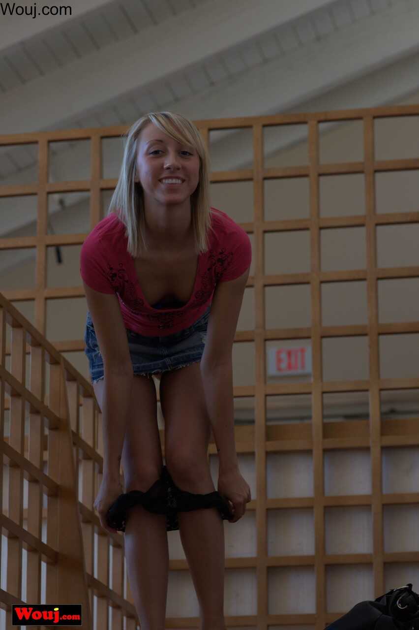 Public Panty Peel: Blonde Babe Secretly Strips Off Her Denim Skirt Amidst the Crowd! - 