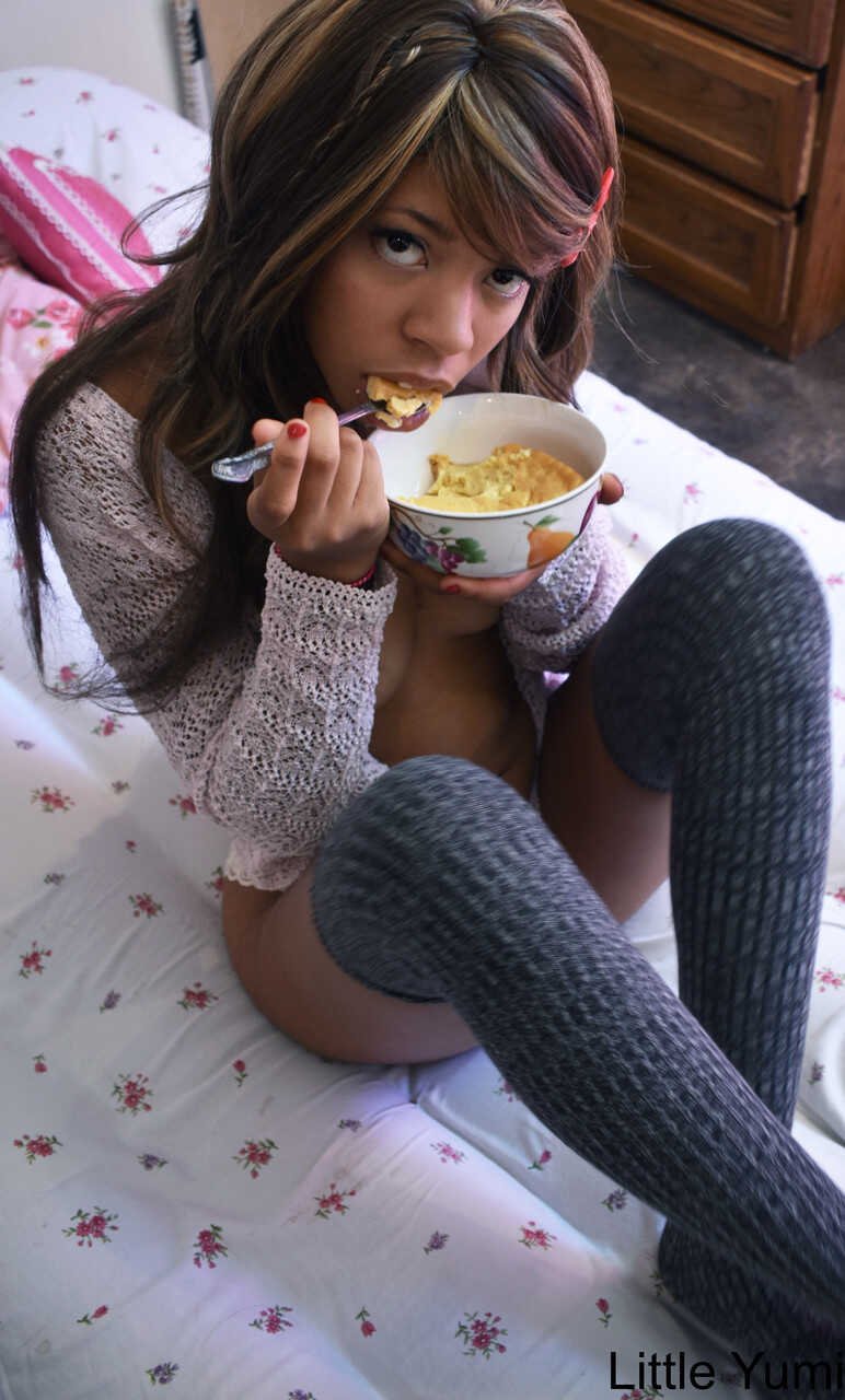 Black Babe in Gray Socks Makes Love on the Bed Little Yumi's Titty Eating Adventure - Little Yumi