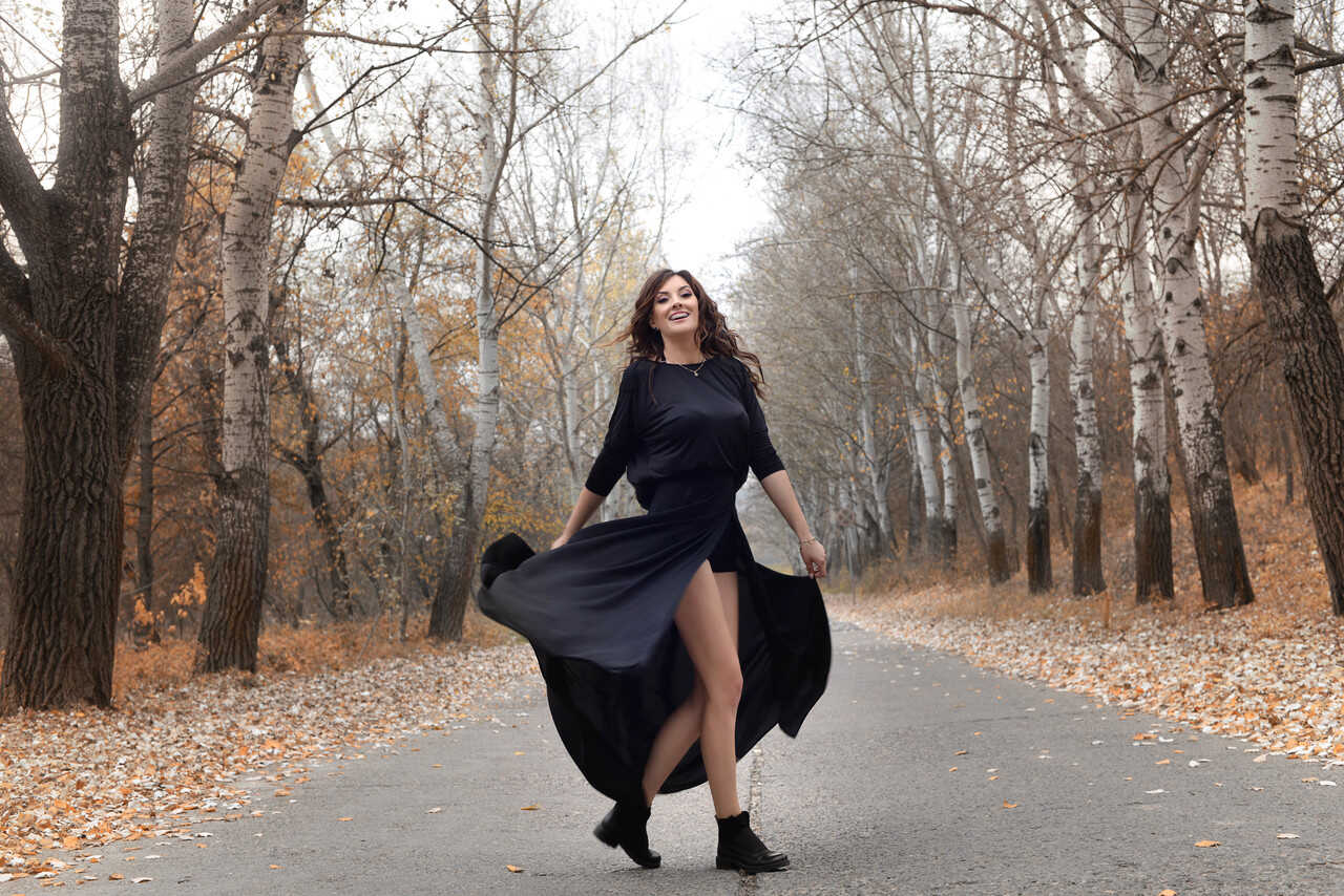 Nature Lover Amateur Adrianne Thelma Shows Off Her Hot Legs in a Black Dress while Exploring the Great Outdoors - 