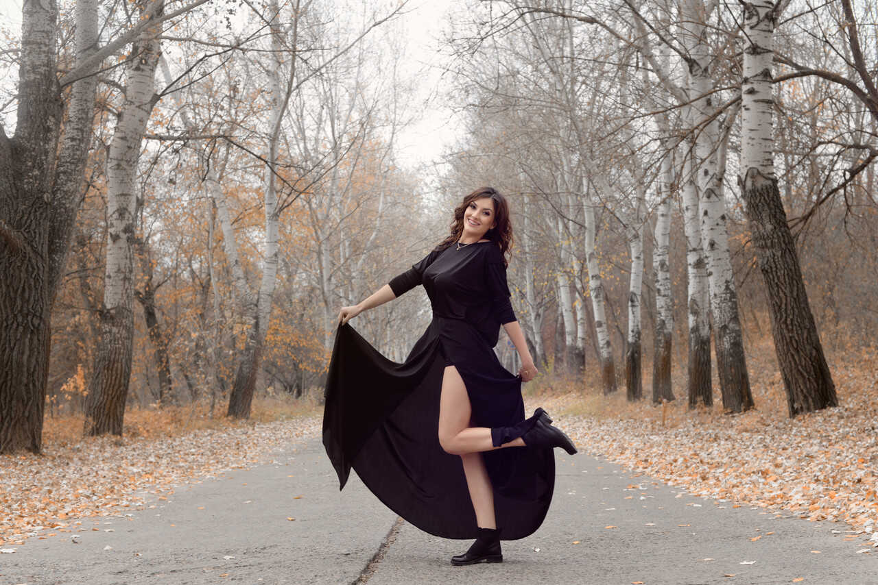 Nature Lover Amateur Adrianne Thelma Shows Off Her Hot Legs in a Black Dress while Exploring the Great Outdoors