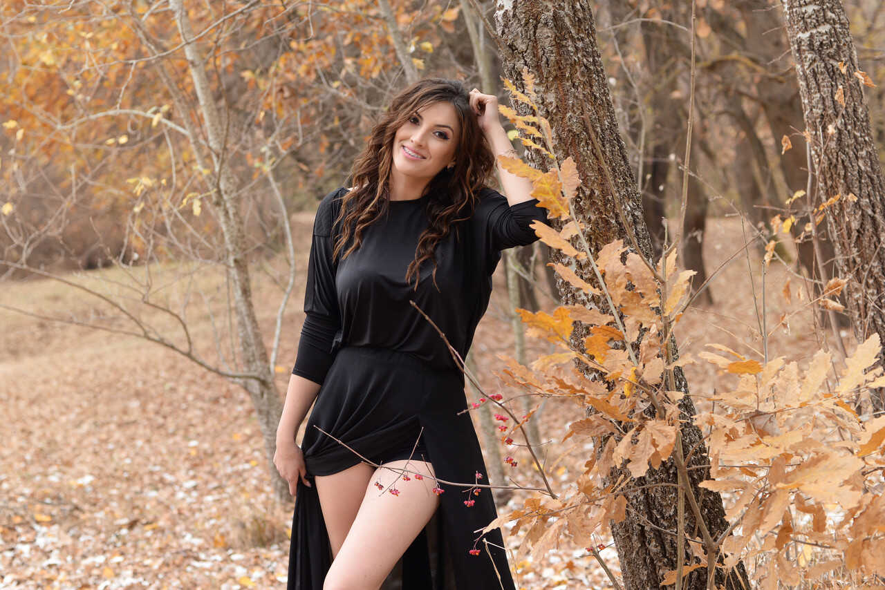 Nature Lover Amateur Adrianne Thelma Shows Off Her Hot Legs in a Black Dress while Exploring the Great Outdoors - 