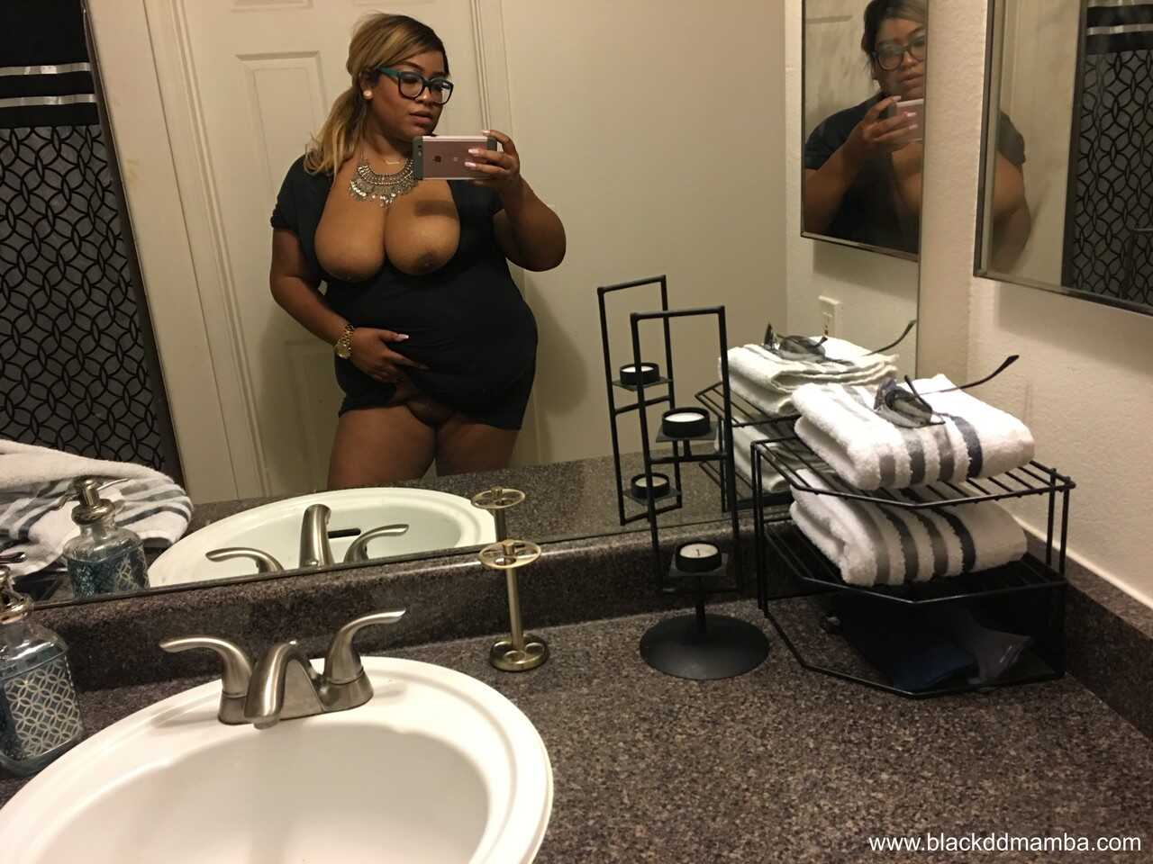 Curvy Naughty BBW Black DD Mamba Seduces You with Her Chubby Body in the Bathroom - Black DD Mamba