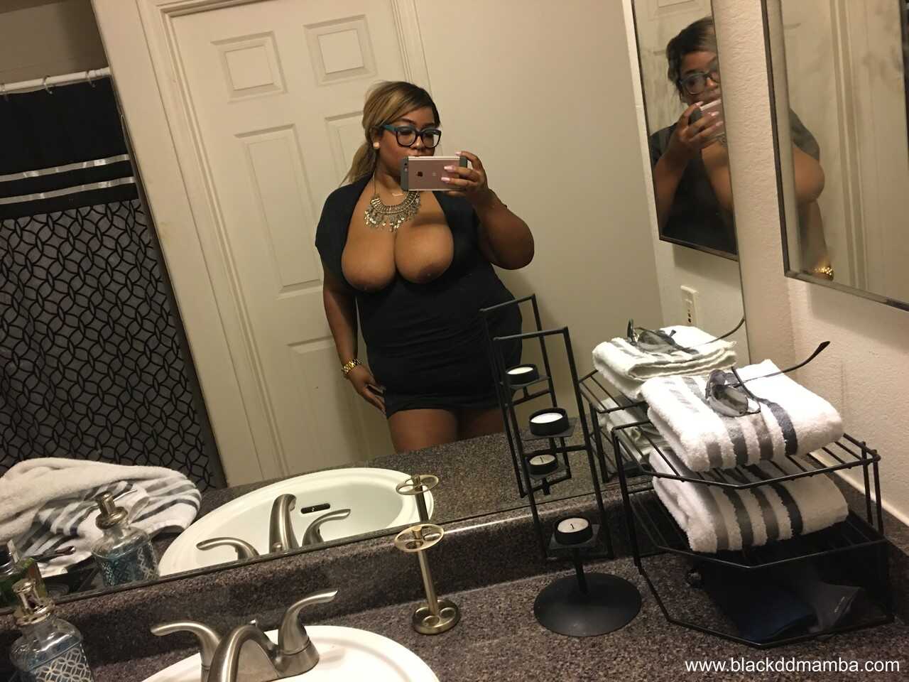 Curvy Naughty BBW Black DD Mamba Seduces You with Her Chubby Body in the Bathroom - Black DD Mamba