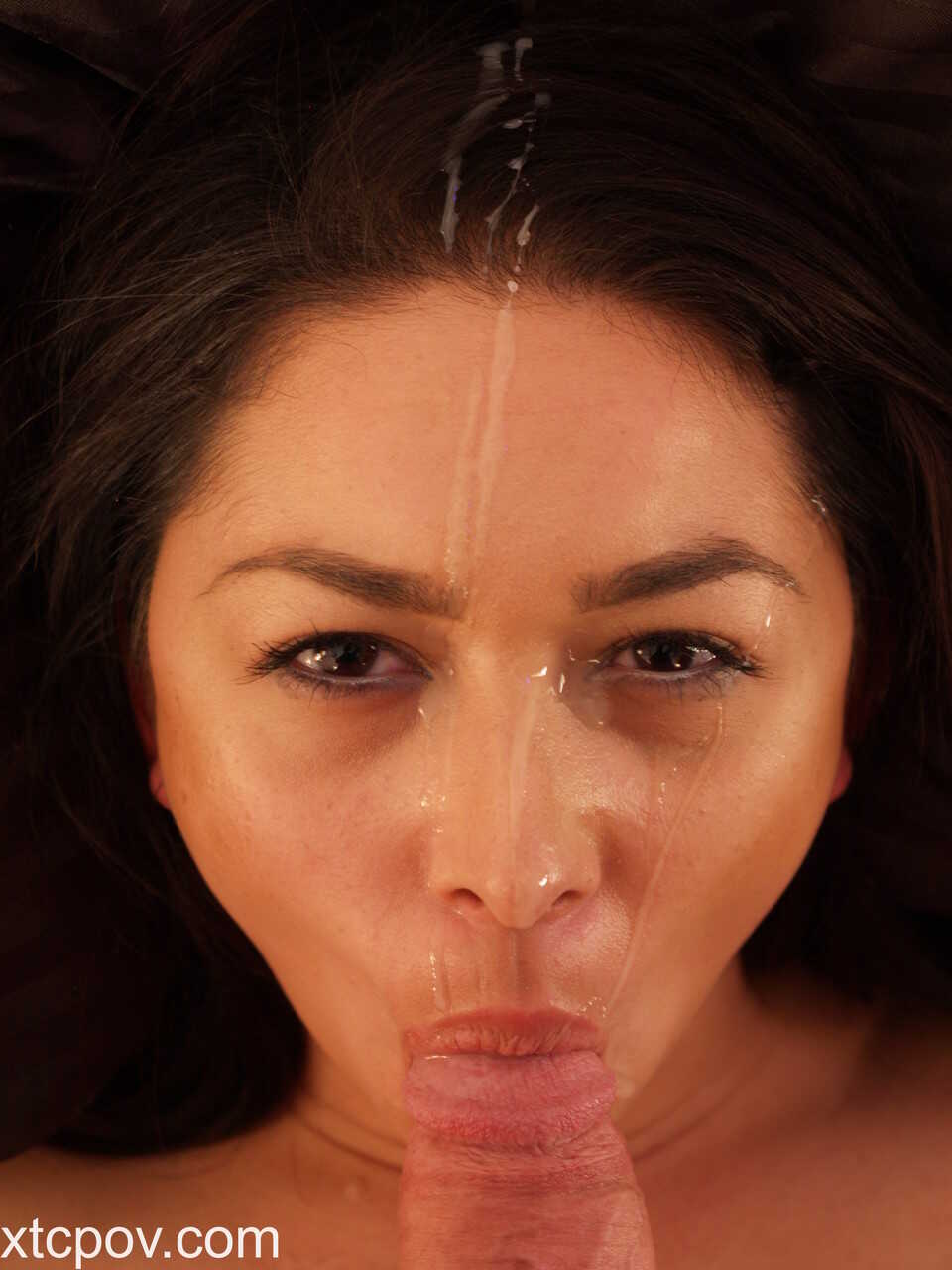 Brunette Wife's Crazy Sucking Session with a Big White Cock Leaves Her Face Covered in Cum Strings - 