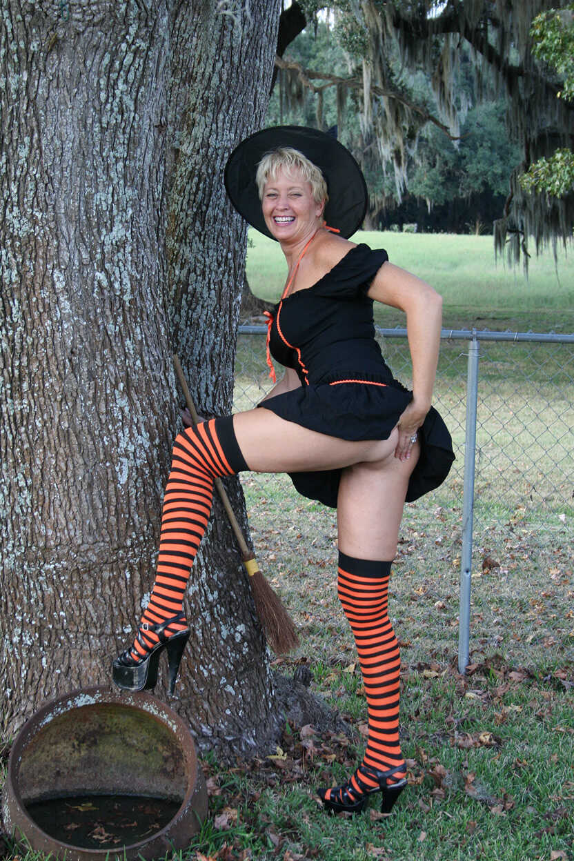 Mature Witch Tracy Lick's Halloween Spanking Session with her Broomstick - Tracy Lick