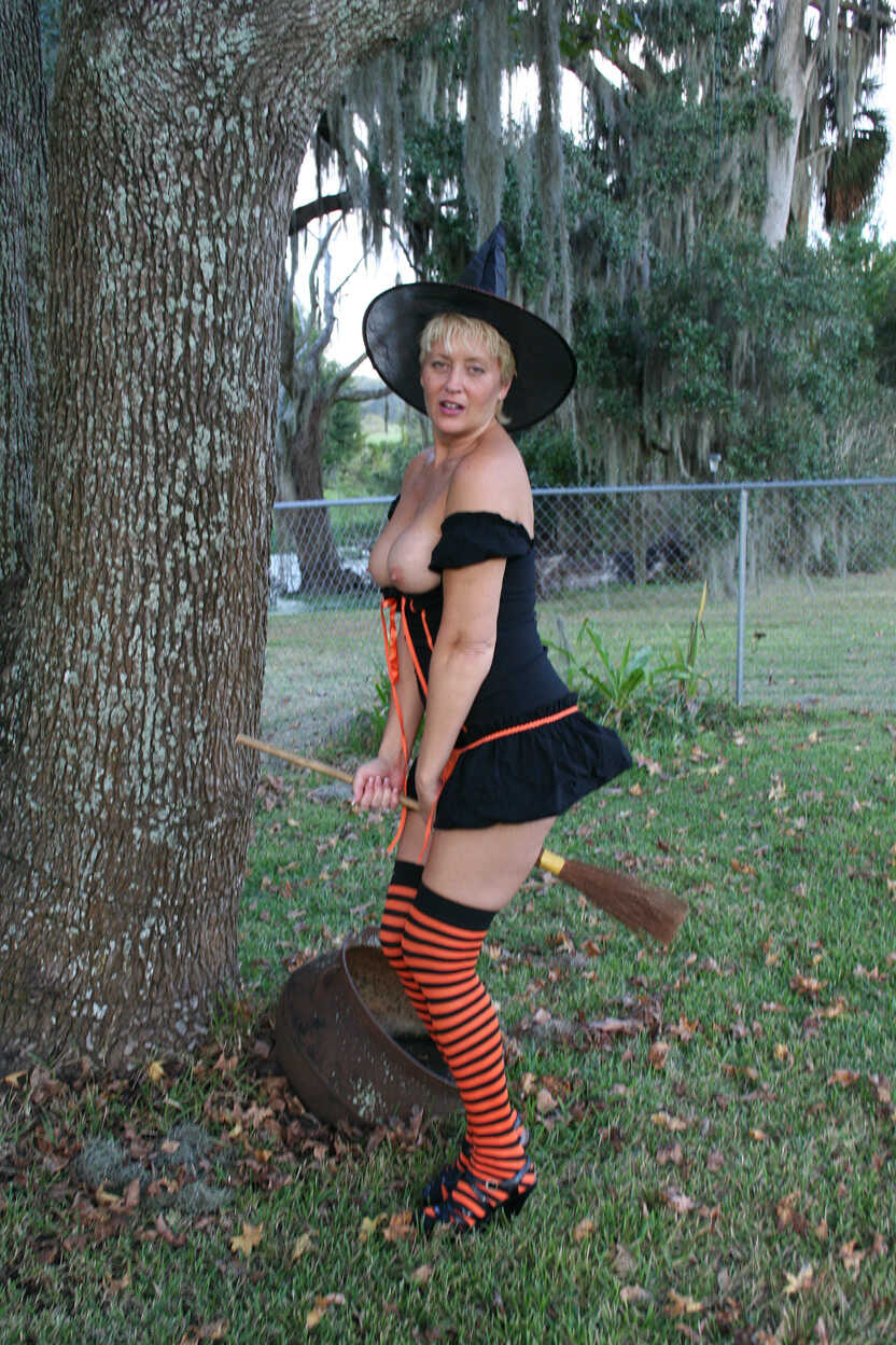 Mature Witch Tracy Lick's Halloween Spanking Session with her Broomstick - Tracy Lick