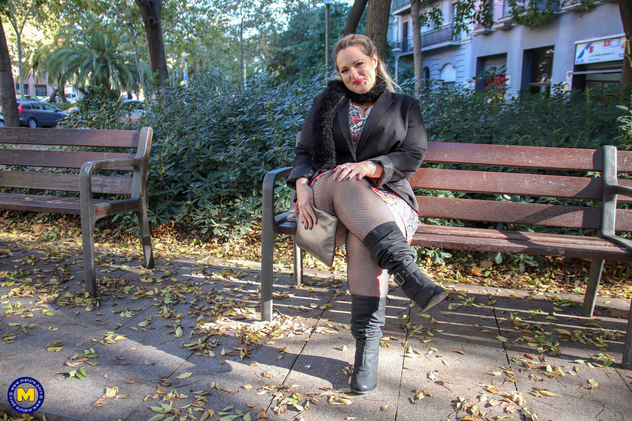 Sophia Lola's Mature Outdoor Breast Showcase in Clothed Nylon Pantyhose - Sophia Lola