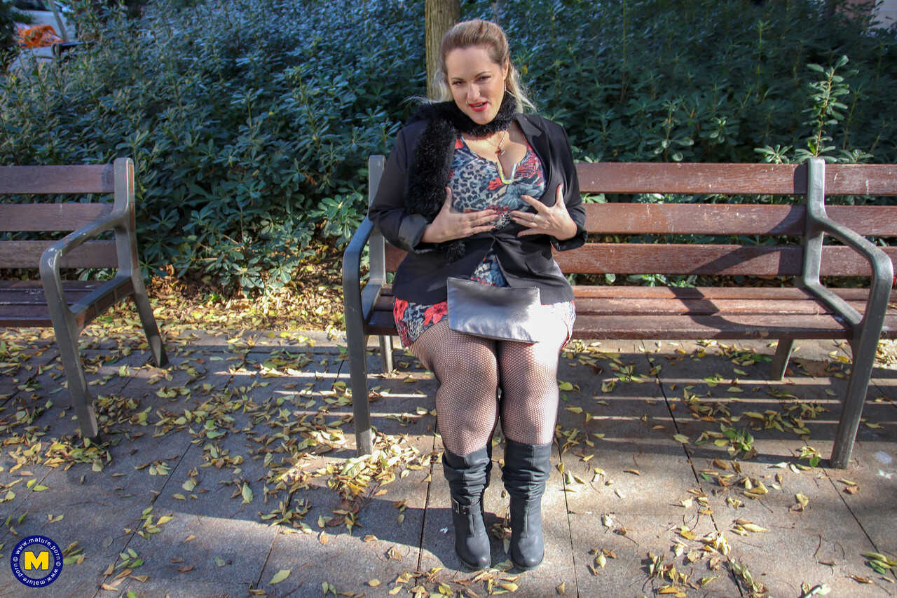 Sophia Lola's Mature Outdoor Breast Showcase in Clothed Nylon Pantyhose - Sophia Lola
