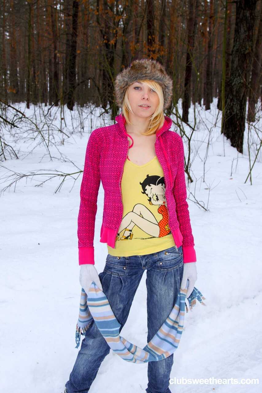 Blonde Snow Bunny: Monica R Exposes Her Petite Body and Perky Tits for Fun in the Cold