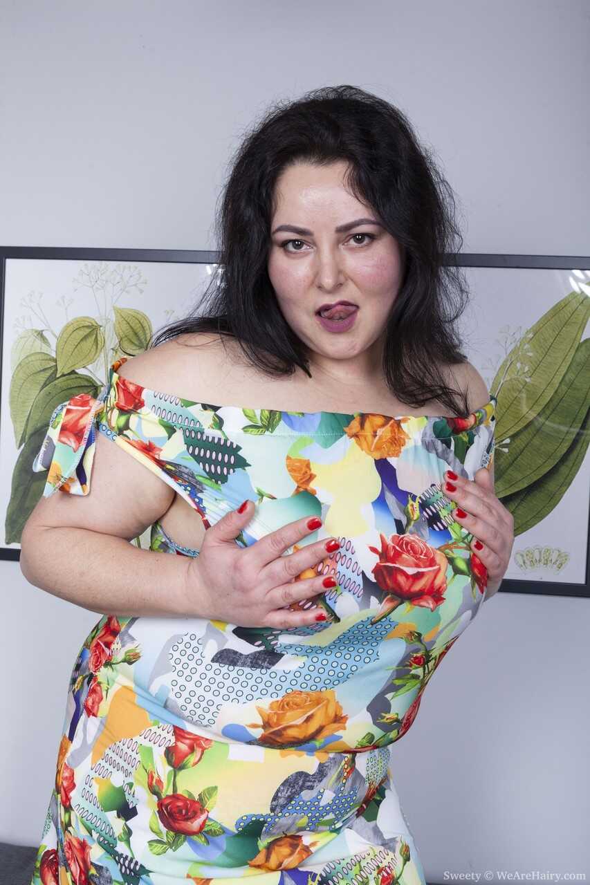 Chubby brunette Sweety exposes her big melons and toys her hairy mature clam - Sweety