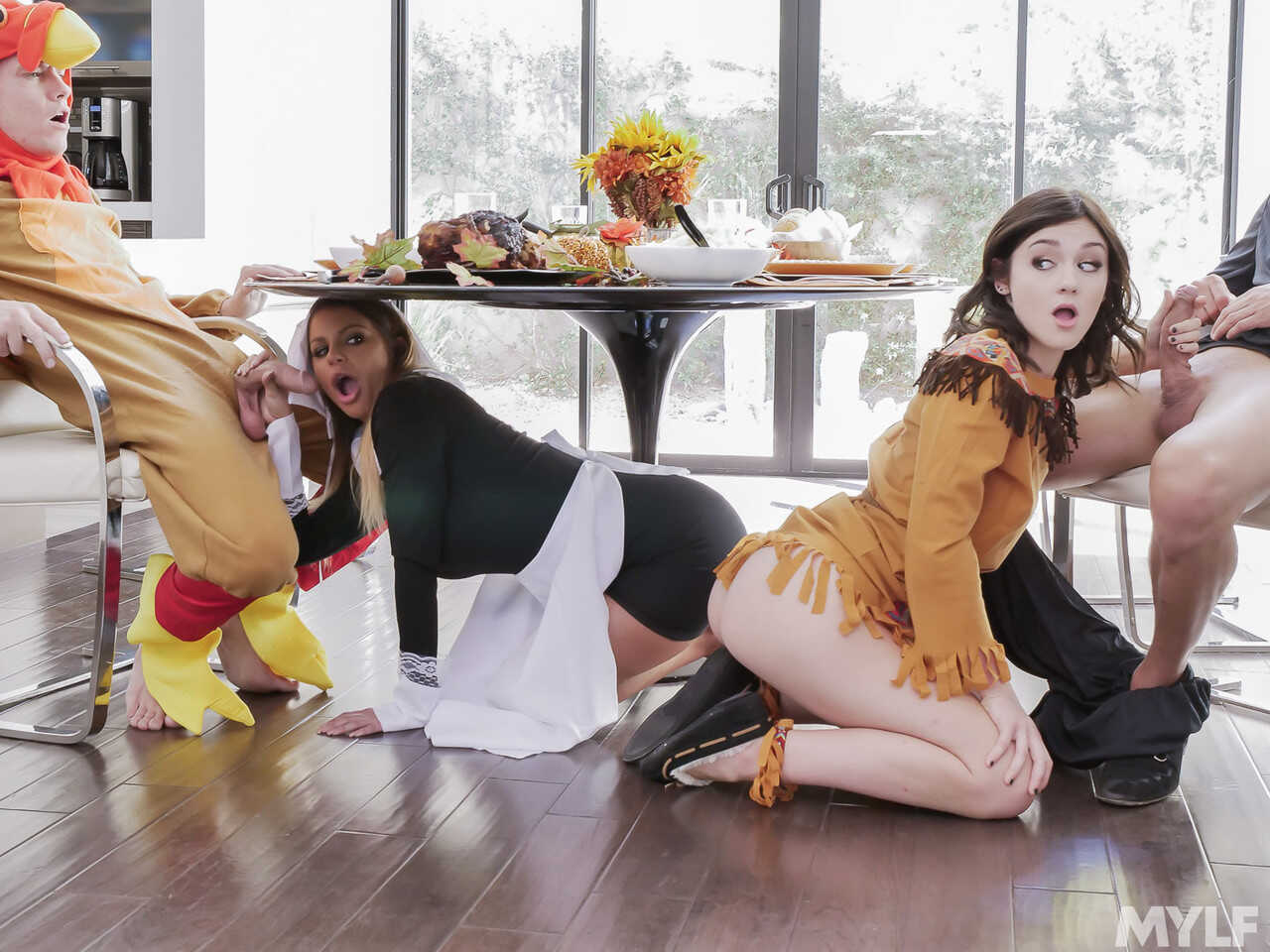 Busty MILF Brooklyn Chase and teen Rosalyn Sphinx fuck in a Thanksgiving 4some while dressed as Cosplay Superheroes with Q...