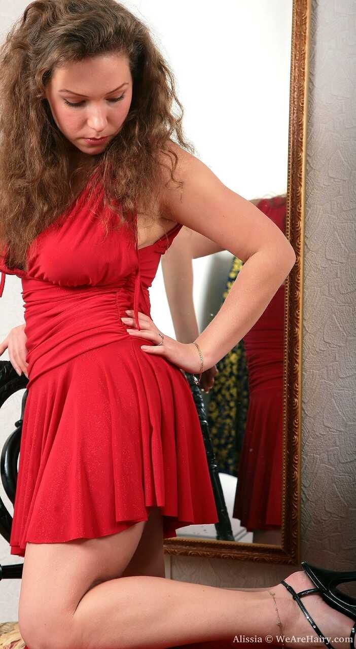 Curly-haired Alissia: The Red Dress is off and her Bush and Big Tits are on Show! - Alissia