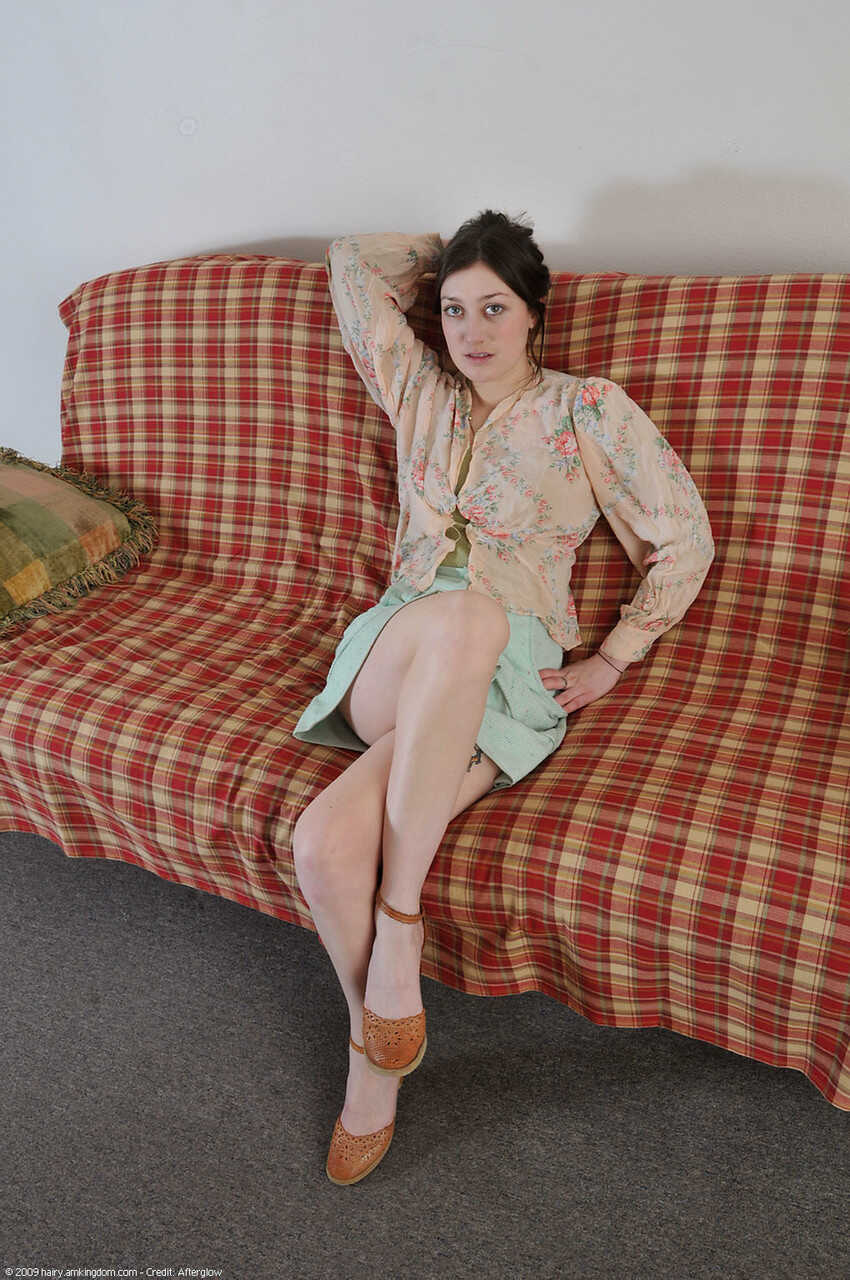 Brunette teen Wendy spreads her hairy pussy in the living room while fingers herself. - Wendy