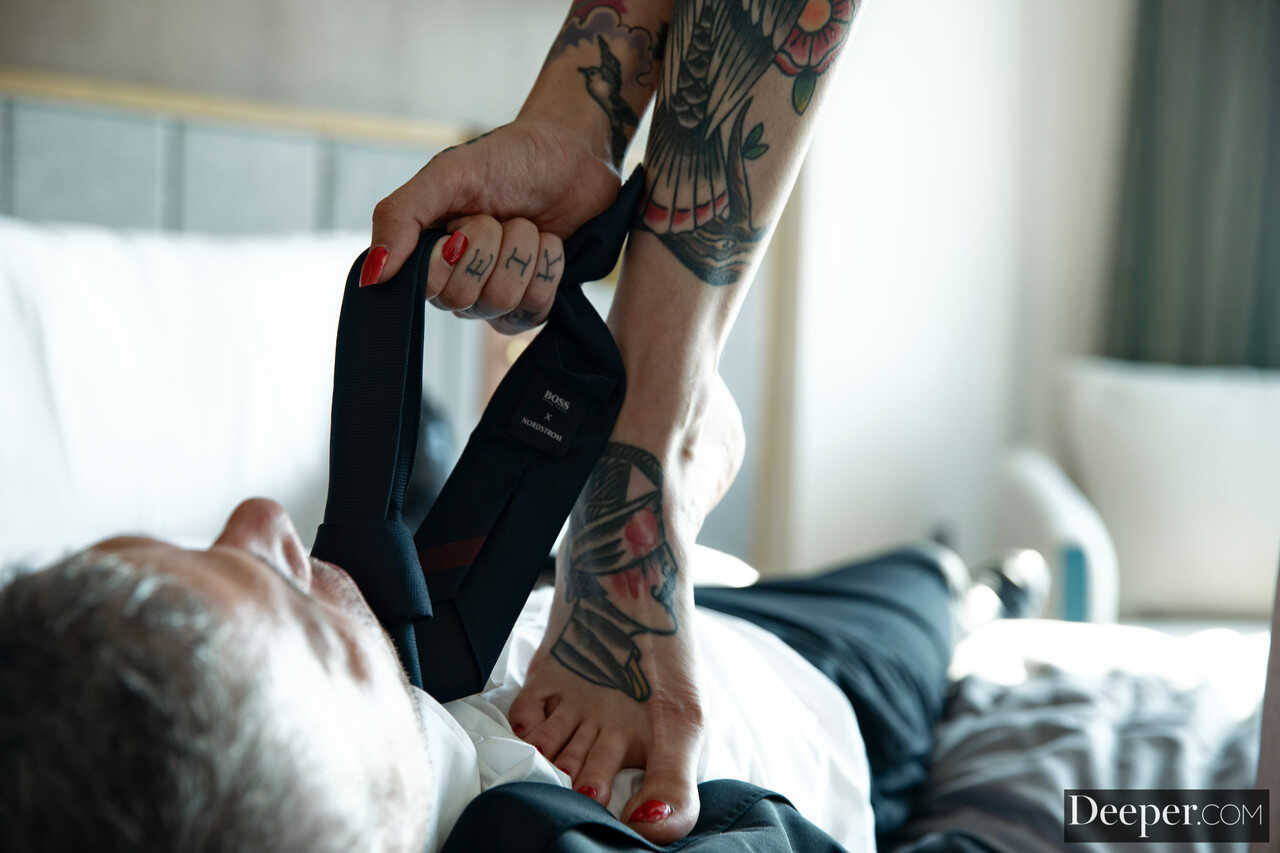 Inked American Rocky Emerson gives Mick Blue's man a footjob and rides his dick while her feet are up in the air. - M...