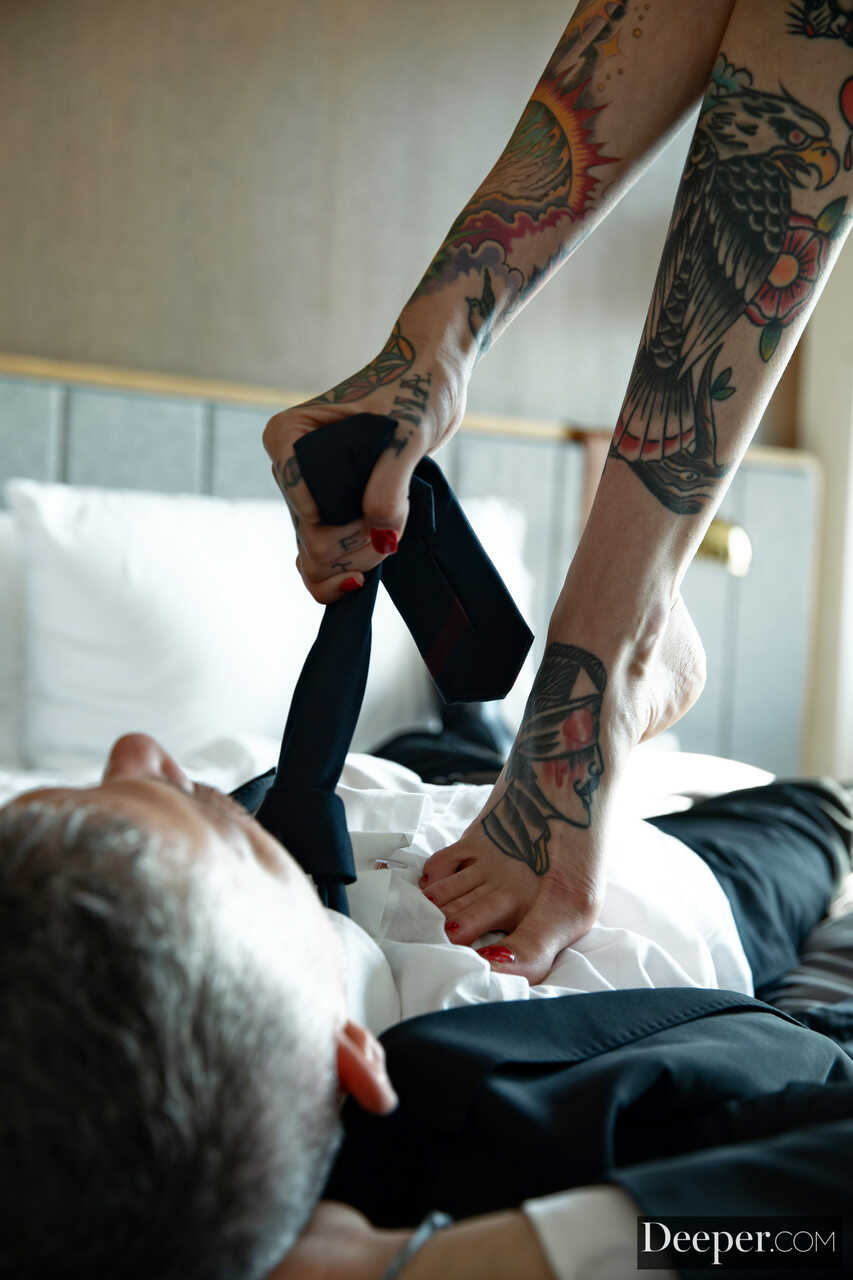 Inked American Rocky Emerson gives Mick Blue's man a footjob and rides his dick while her feet are up in the air. - M...