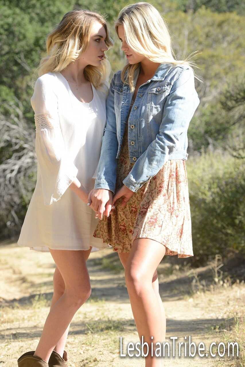 Blonde lesbians with big asses take off their tight dresses in the great outdoors - Blake Eden, Scarlet Red
