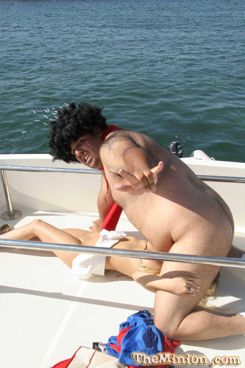 Blonde Latina teen Kat gets her mouth rammed by a fat guy on a boat while wearing an Asian bikini and deepthroating an Asi...