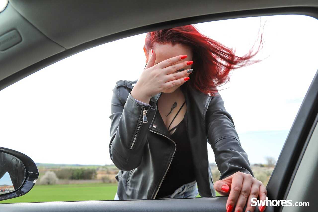 Naughty Redhead Nina K Gives a Sensual Blowjob to a Lucky Stranger in Public - Nina K