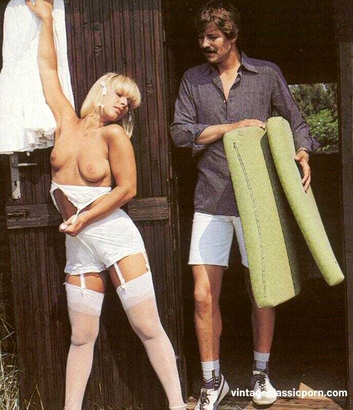 Blonde Banged in Vintage Style: Hot Beaver Drilled in White Stockings Outdoors - 