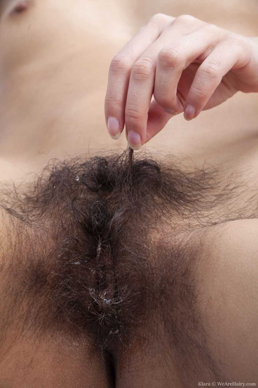 Big Hairy Pussy Alert! Amateur American Klara Strips Naked and Plays with Her Long, Thick Pubes - Klara