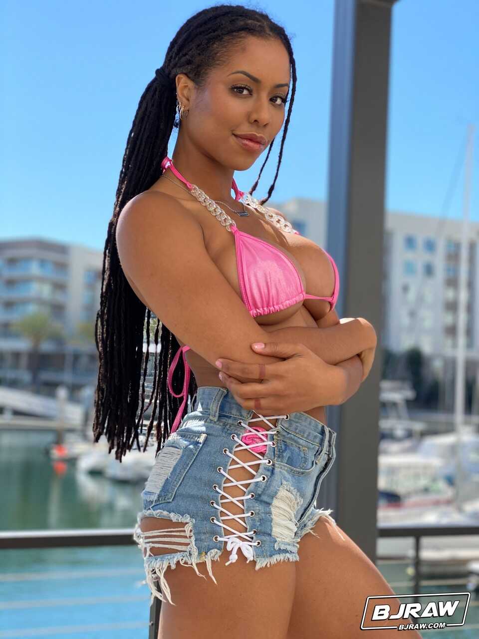 Curvy ebony Kira Noir exposes her firm fake tits before a blowjob & big facial   Kinky Ebony Nudes: Exposing Fake Tits...