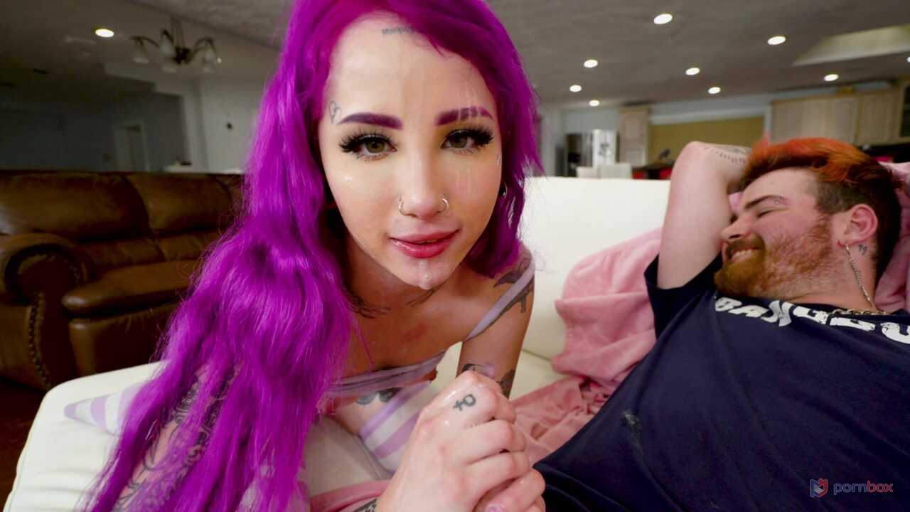 Purple-Haired Goddess Val Steele Swallows and Blows a Camera Guy's Cock, In Front of the Lens!