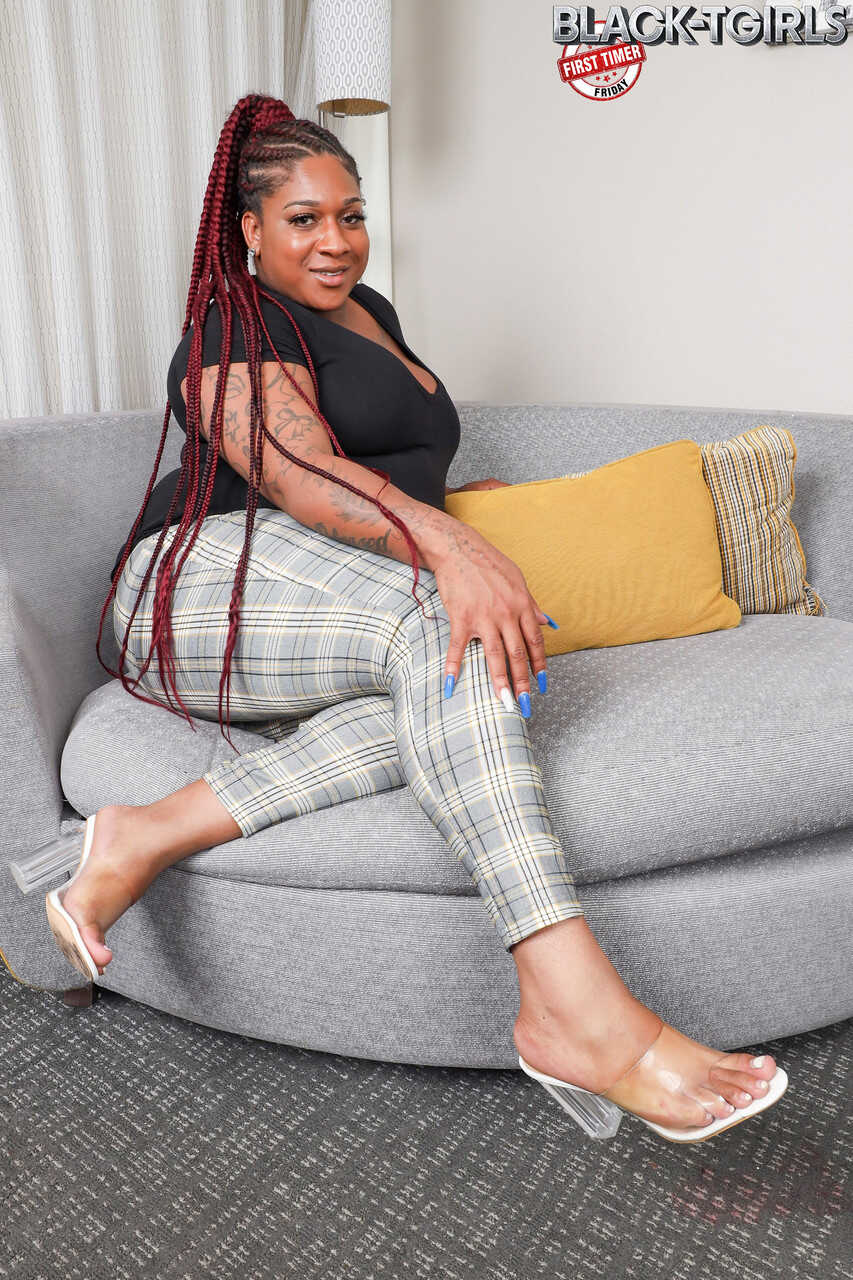 Chubby ebony transsexual Fantasy Ride strips and rubs her big fat ass & dick while riding her big black dildo! - Fanta...