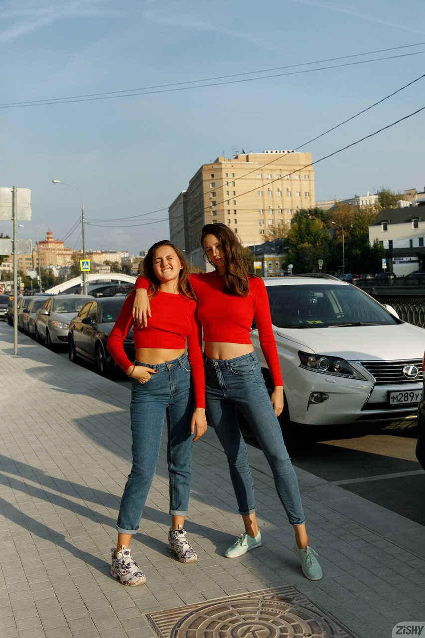 Cute Russian Teens Disha & Alevtina Batman Pose in Red Sweaters and Jeans Before Giving Each Other a Hot Ass-Licking S...