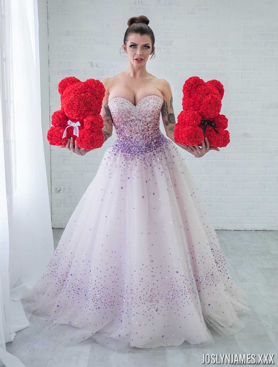 Busty MILF Joslyn James unties her wedding dress to reveal her massive cleavage - Joslyn James