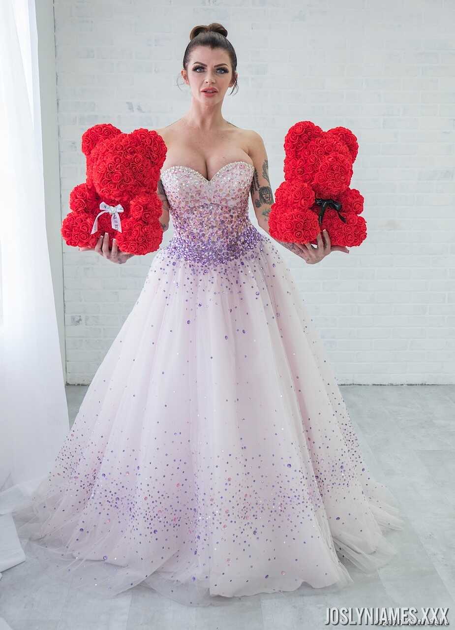 Busty MILF Joslyn James unties her wedding dress to reveal her massive cleavage - Joslyn James