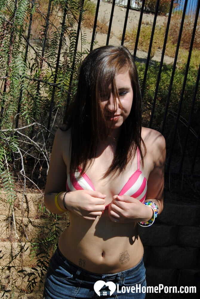 Naughty Brunette Exposes Her Trimmed Pussy & Small Breasts in Public while Wearing Tight Jeans - 