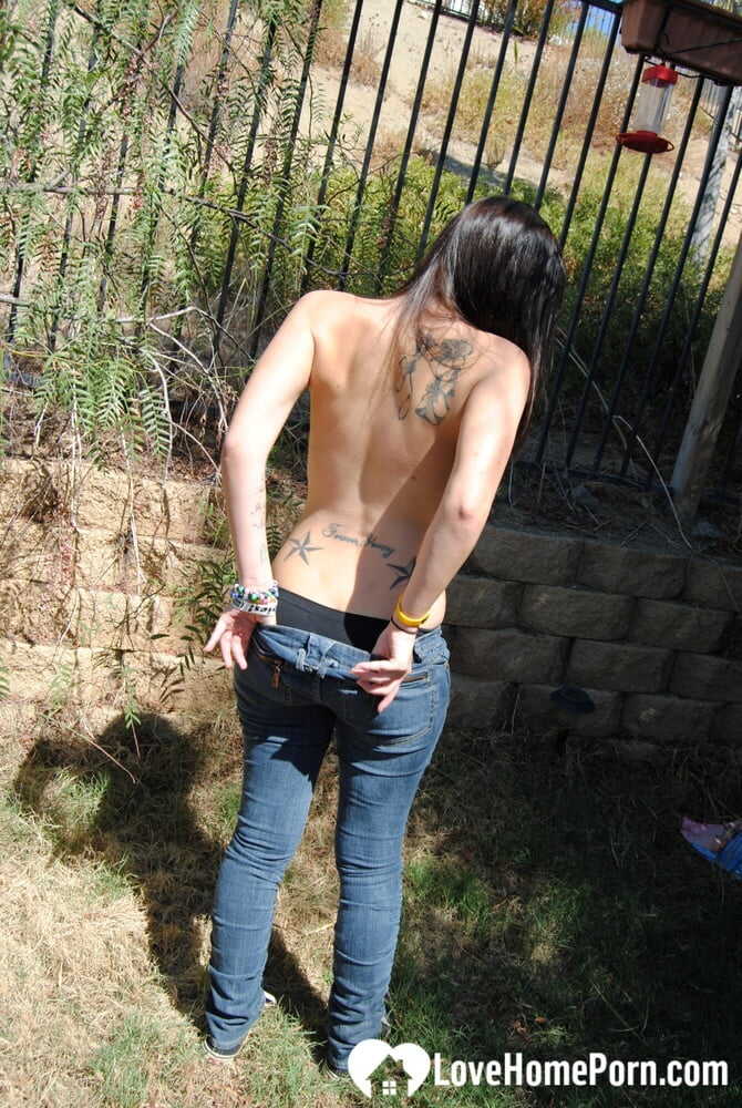 Naughty Brunette Exposes Her Trimmed Pussy & Small Breasts in Public while Wearing Tight Jeans - 