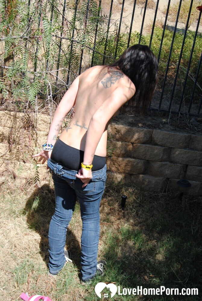 Naughty Brunette Exposes Her Trimmed Pussy & Small Breasts in Public while Wearing Tight Jeans - 