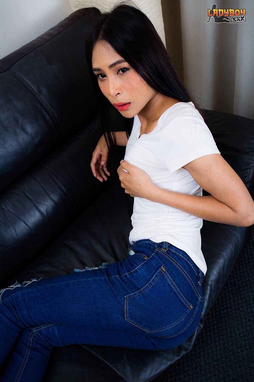 Pang Unveils Her Big Tits And Ass On A Raven-Haired Shemale Jerking Off - Pang