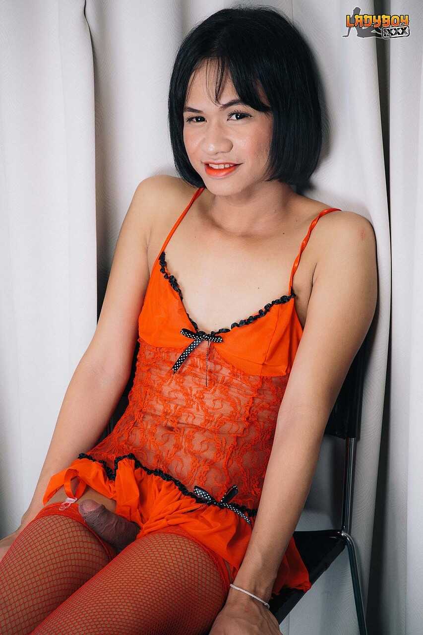 Asian TGirl Shemale Oui  A hot ladyboy with a dildo in her ass poses for the camera while moaning in pleasure. - Oui