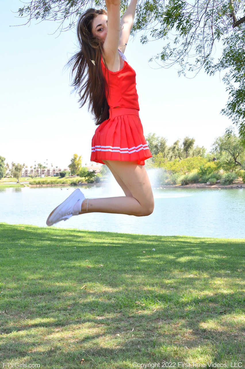 Pretty cheerleader Tori flashes her tit & masturbates with a vibrator outdoors while wearing a short skirt and no pant...