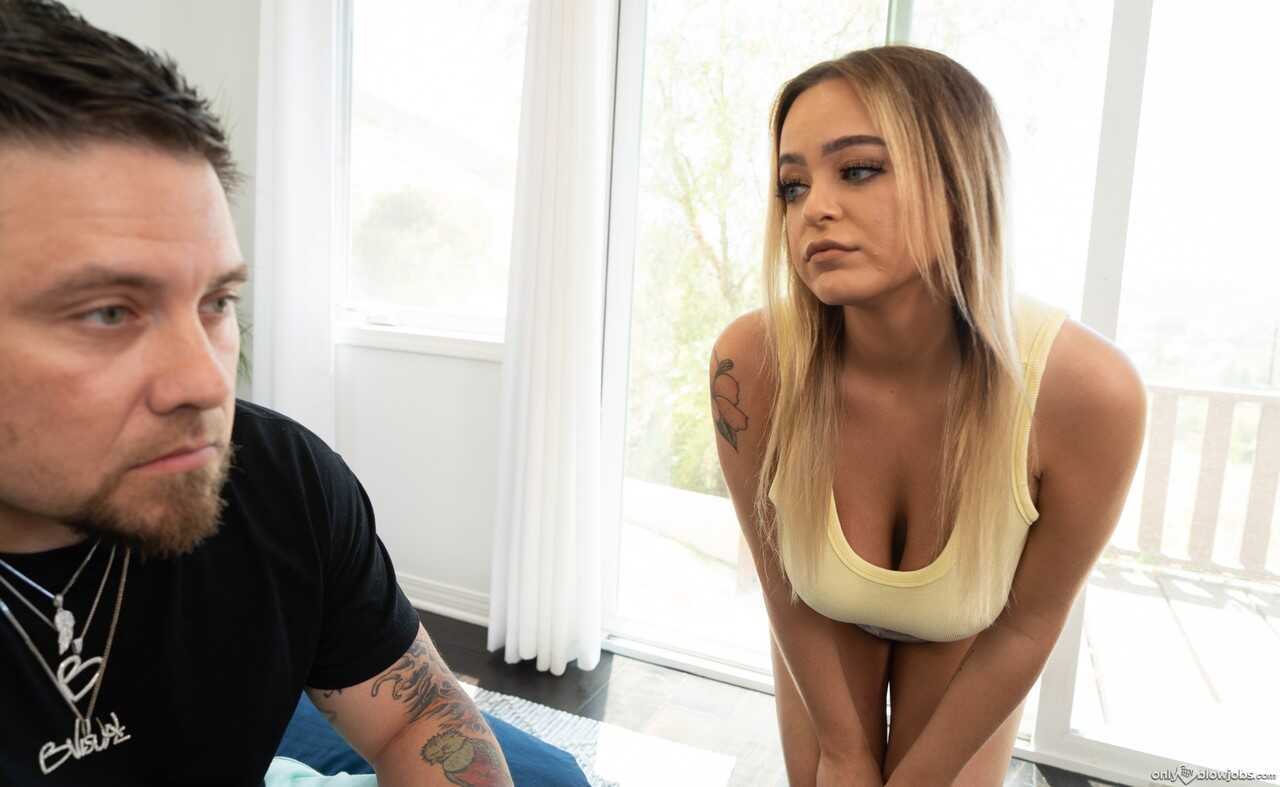 Curvy blonde Katy Jayne exposes her amazing big tits and gives head in POV for Alexis Kay while Billy Visual watches close...