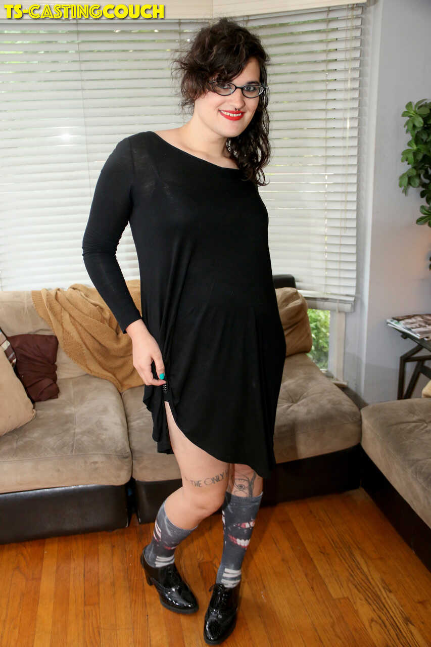 BBW Shemale Harriette Nyx Squeezes Her Juicy Small Tits on the Casting Couch - Harriette Nyx