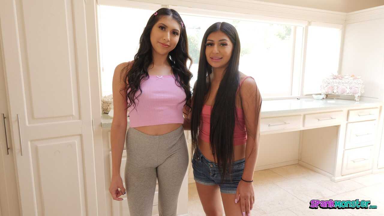 Sexy teens Penelope Woods and Binky Beaz show off their big tits while sucking dick in perfect POV.