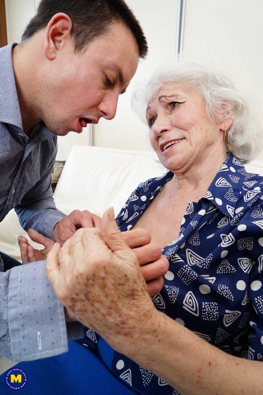 Granny Norma's Wrinkled Pussy Gets a Hardcore Fucking from Young Stud Rob in her White Stockings - Granny Norma, Rob