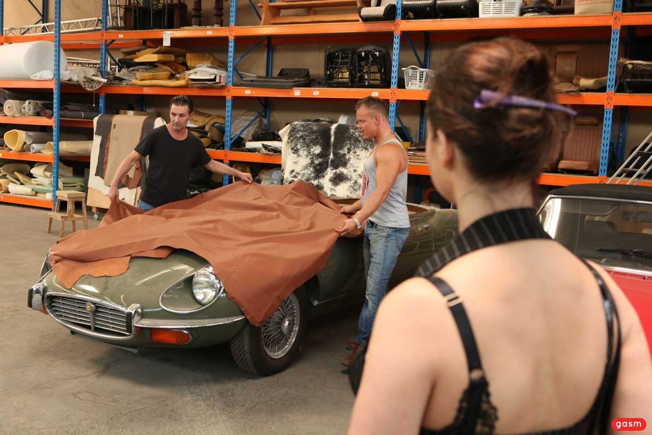 Curvy MILF with big tits Dirty Priscylla gets banged in a car workshop by two men. - Dirty Priscilla