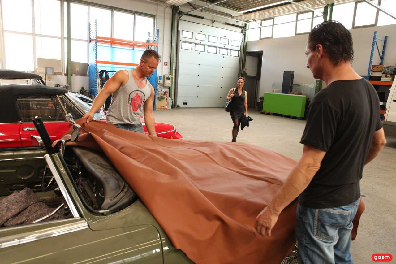 Curvy MILF with big tits Dirty Priscylla gets banged in a car workshop by two men. - Dirty Priscilla