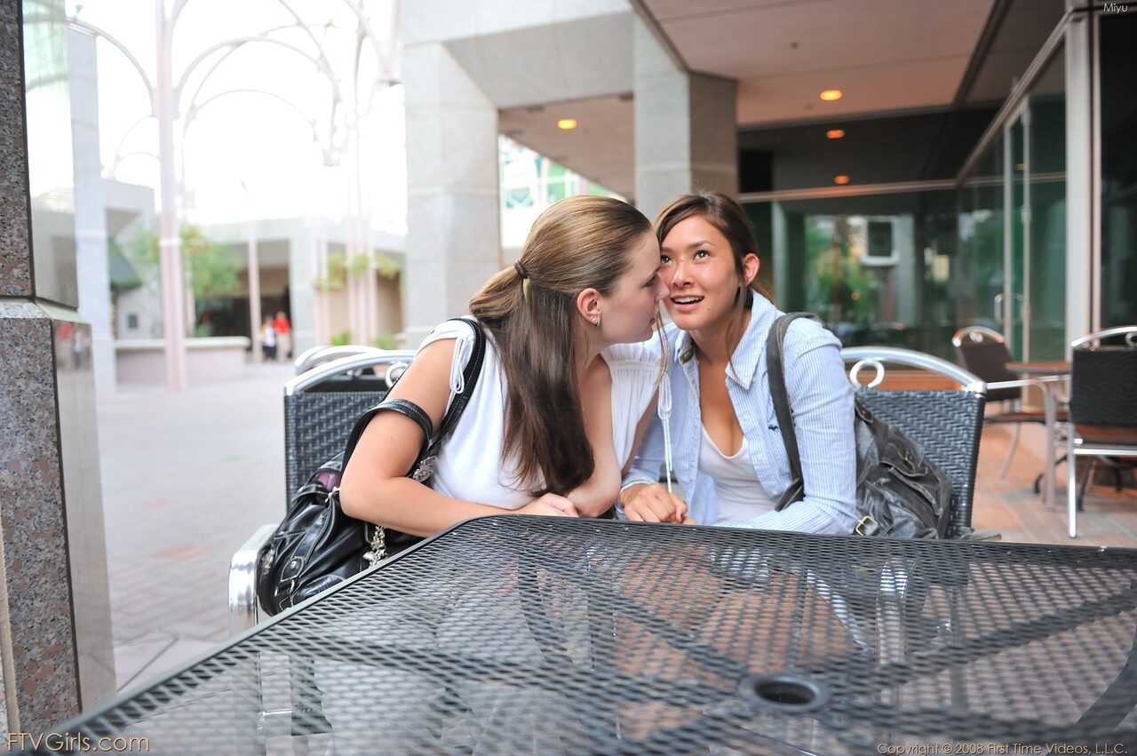 Naughty Miyu and Danielle share a passionate kiss while doing acrobatic exercises butt naked in public. - Danielle Delauna...