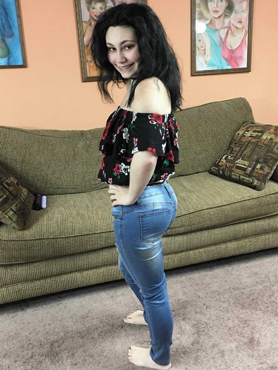 Dark-haired amateur Lenna Lux toys her hairy holes on a green sofa while thinking of the tight ass she left behind. - Lenn...
