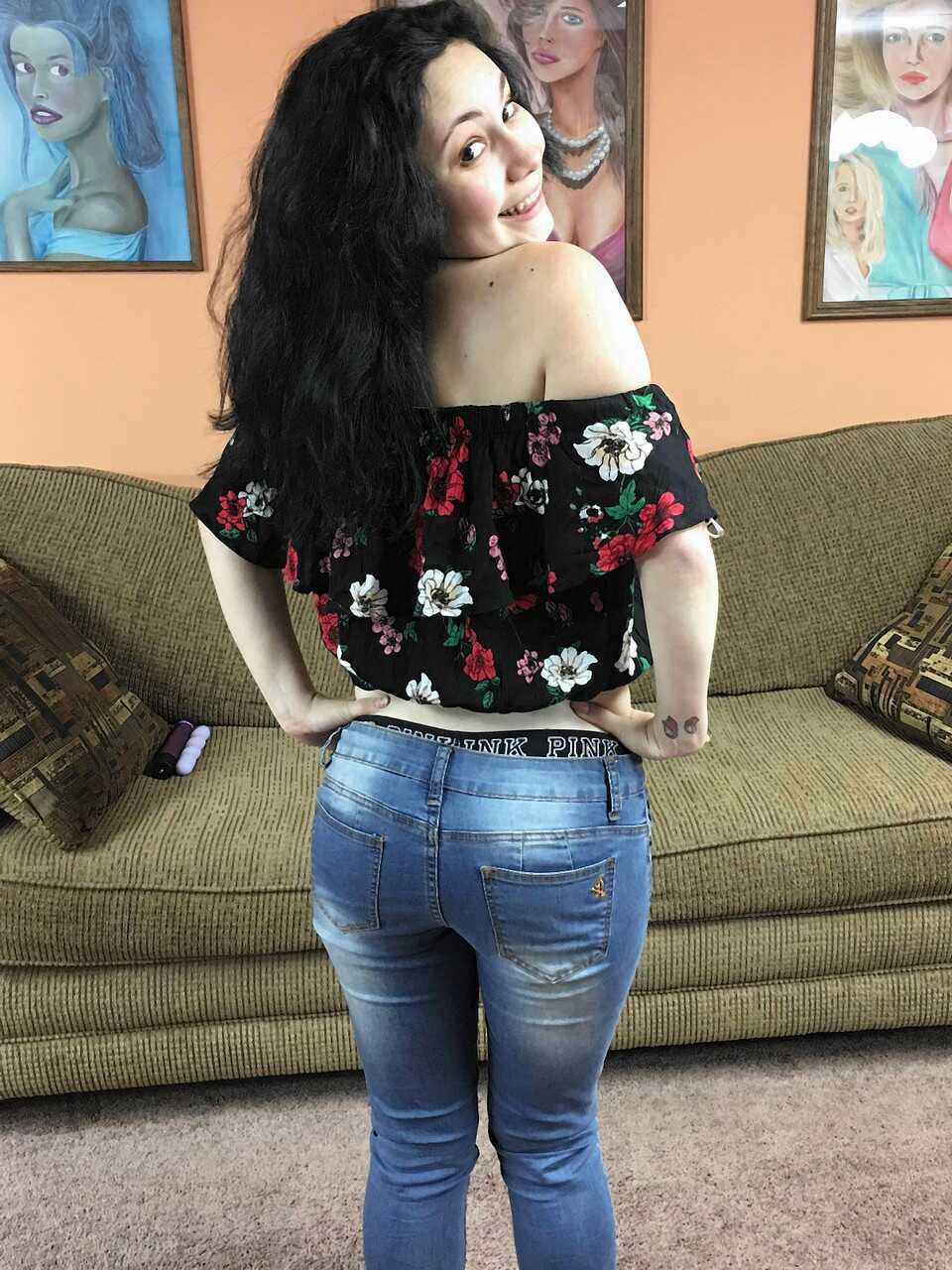 Dark-haired amateur Lenna Lux toys her hairy holes on a green sofa while thinking of the tight ass she left behind. - Lenn...