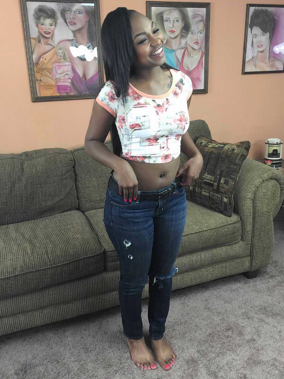Ebony hottie Nikki Ford reveals her petite body and masturbates on the couch - Nikki Ford
