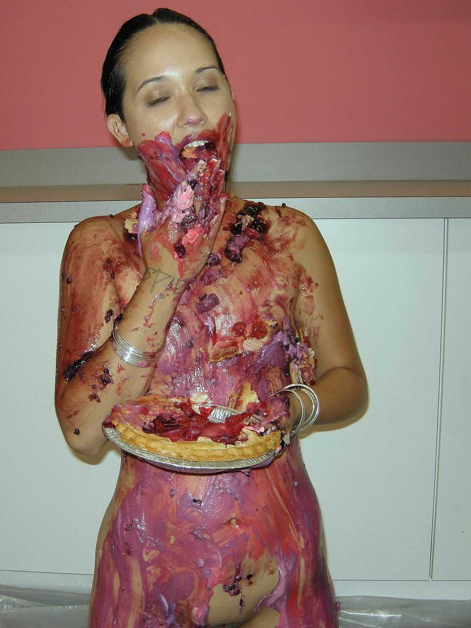 Petite Asian Miko Starr covers her hot body with pies and chocolate sauce - Miko Starr