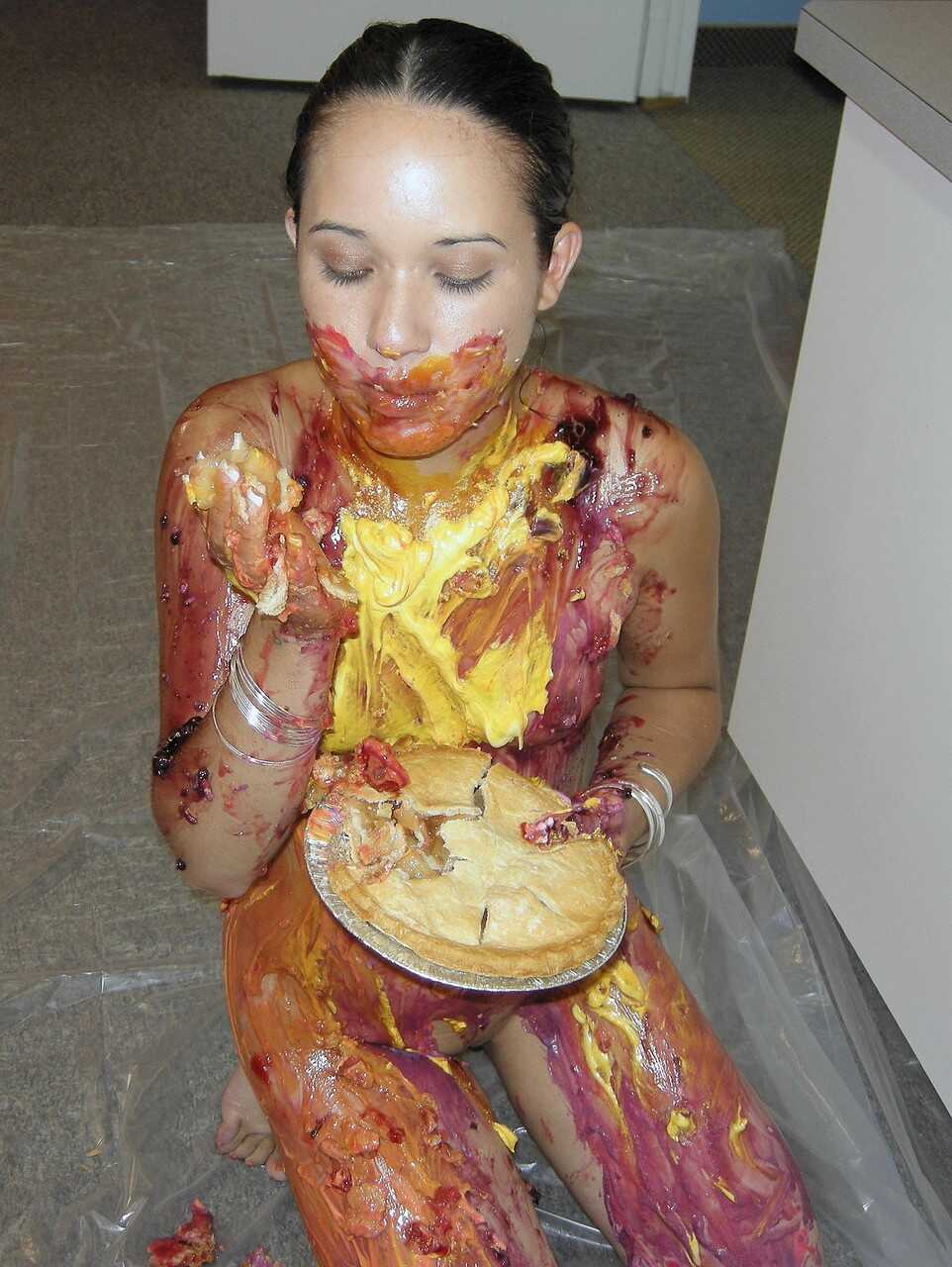 Petite Asian Miko Starr covers her hot body with pies and chocolate sauce - Miko Starr