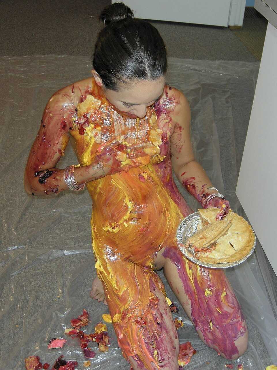 Petite Asian Miko Starr covers her hot body with pies and chocolate sauce - Miko Starr