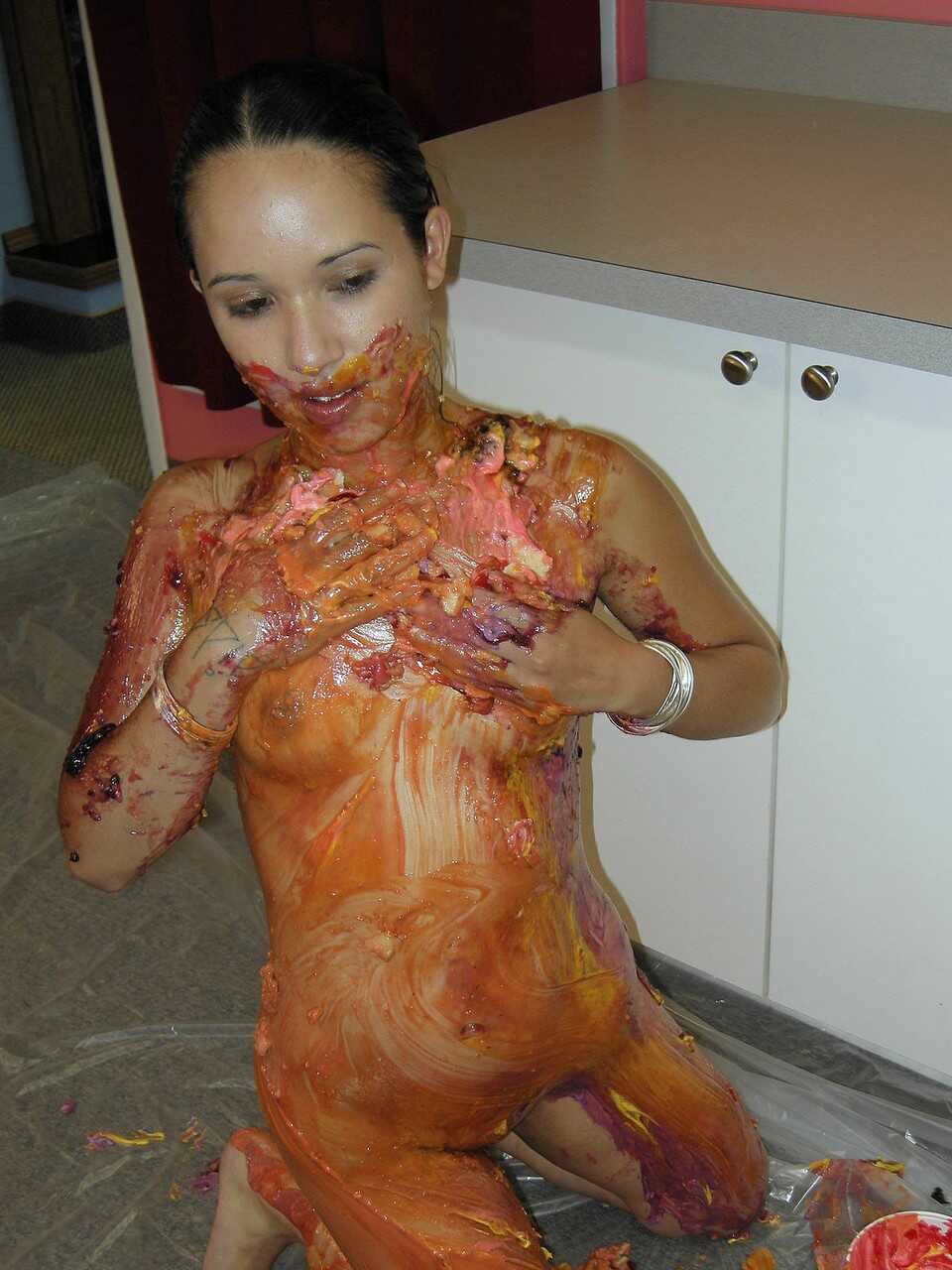 Petite Asian Miko Starr covers her hot body with pies and chocolate sauce - Miko Starr